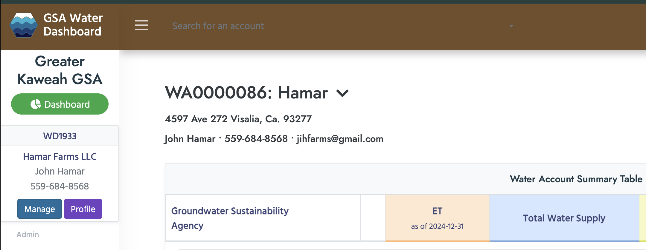 Parcel-level water account balances with allocation, usage, and credit detail